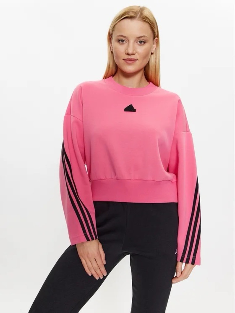 adidas essentials Pink Cropped Crew Sweatshirt with Black Stripes